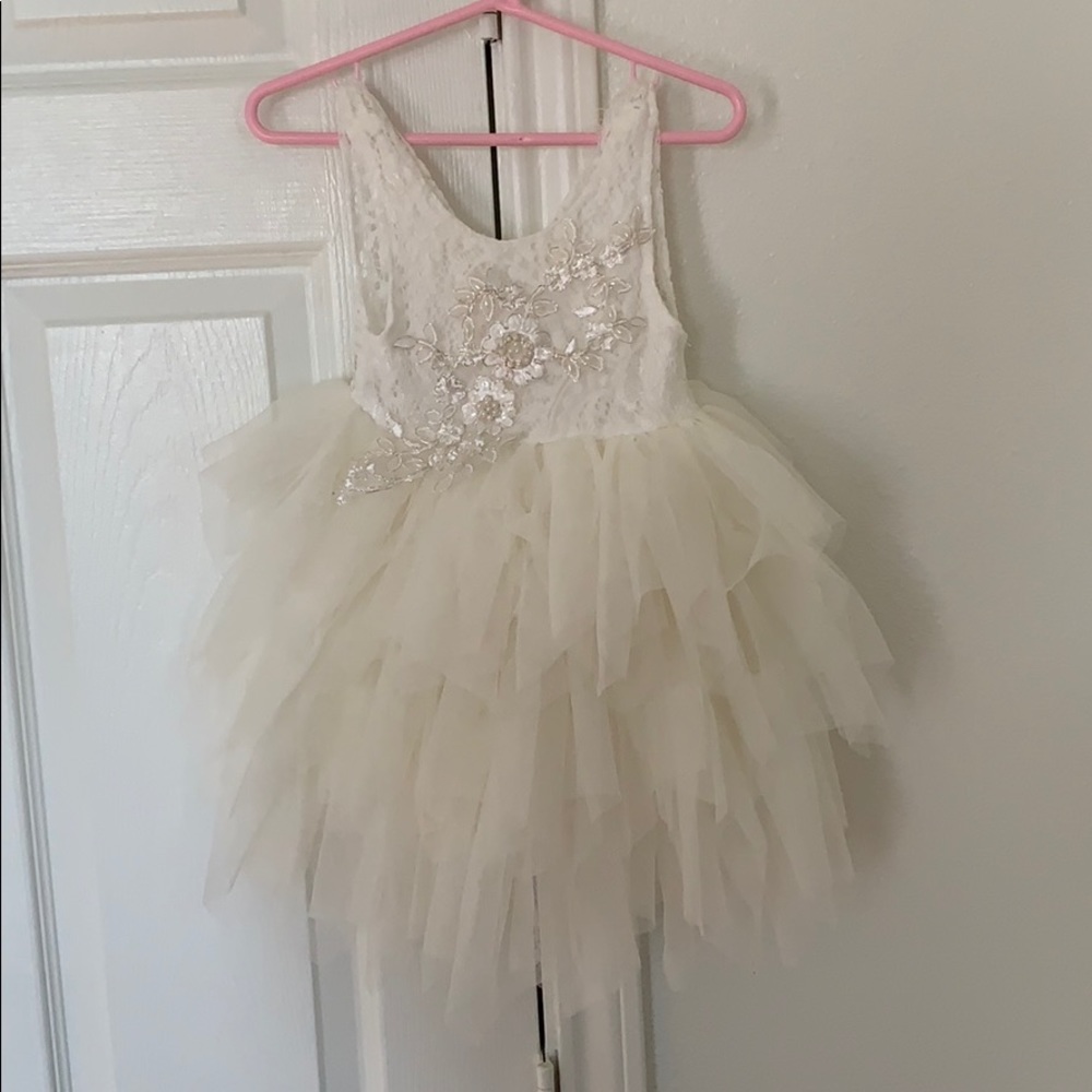 Girls White Dress with Pearl Design Trim (Size 3T)